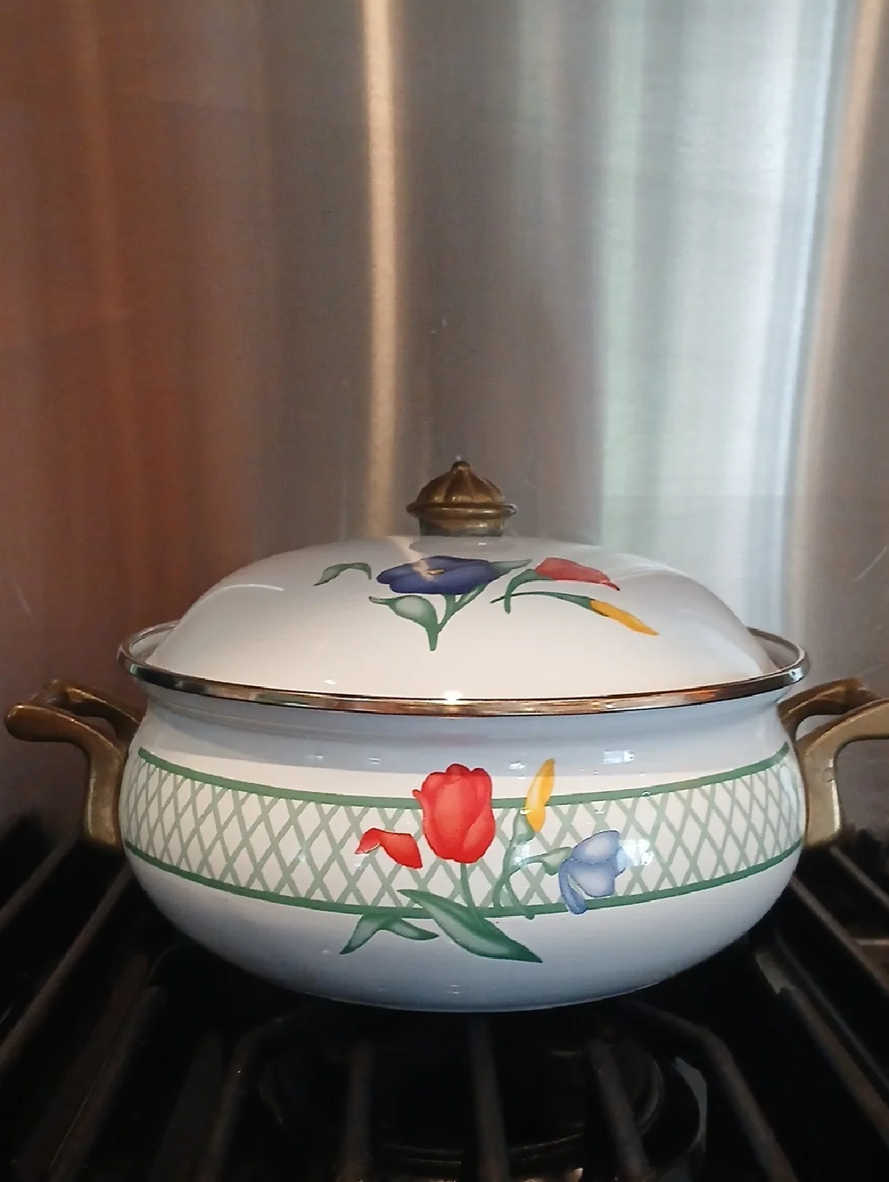Vintage Regency Club Enamelware Pot &Lid Floral Print Brass Handles